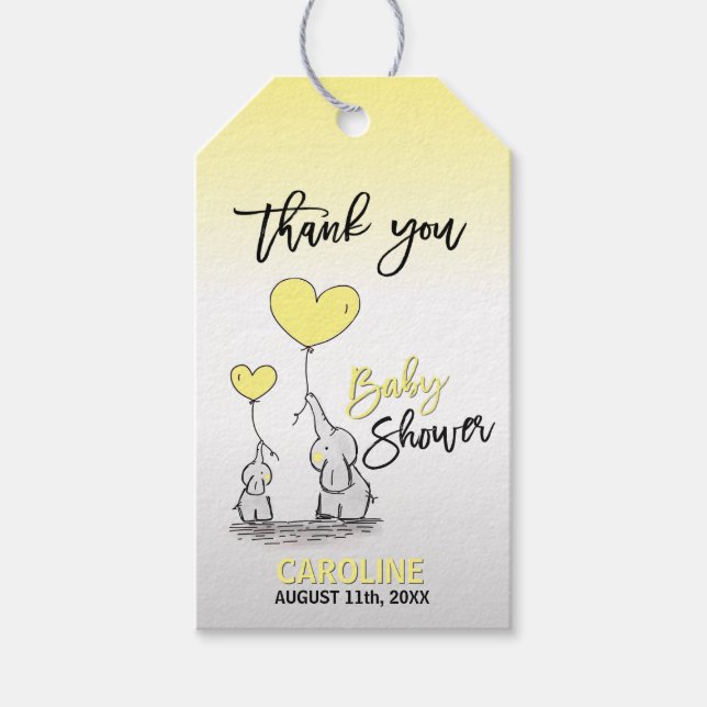 Étiquettes-cadeau MERCI Elephant Jaune Gris maman & BABY SHOWER (Devant)