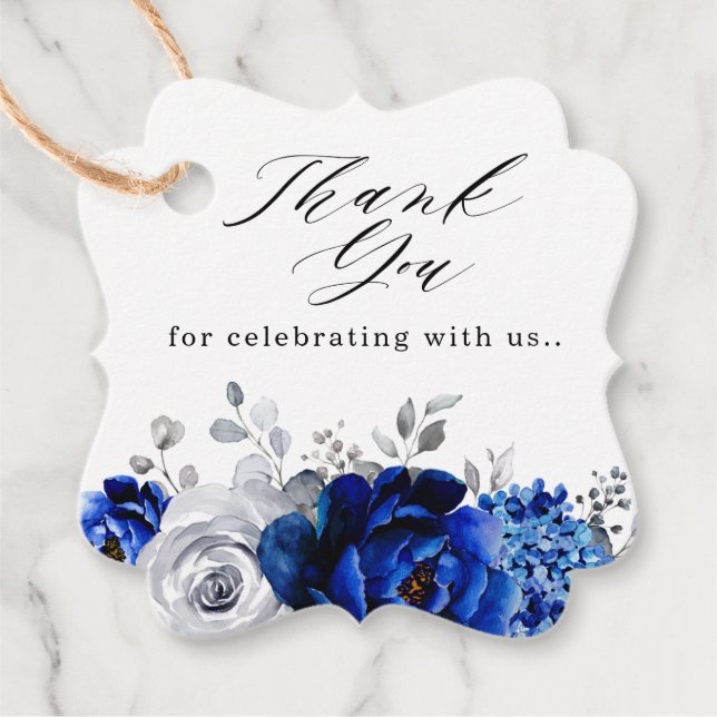 Étiquettes Cadeau Merci floral bleu bleu blanc Royal (Devant)