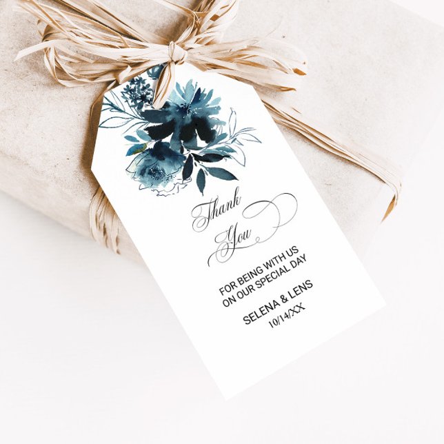 Étiquettes-cadeau Merci floral bleu de la marine céleste (Créateur téléchargé)