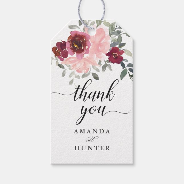 Étiquettes-cadeau Merci floral romantique rose et bordeaux (Devant)