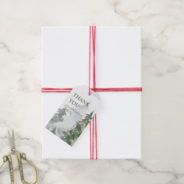 Étiquettes-cadeau Merci forestier à feuillage persistant d'hiver (Avec de la ficelle)
