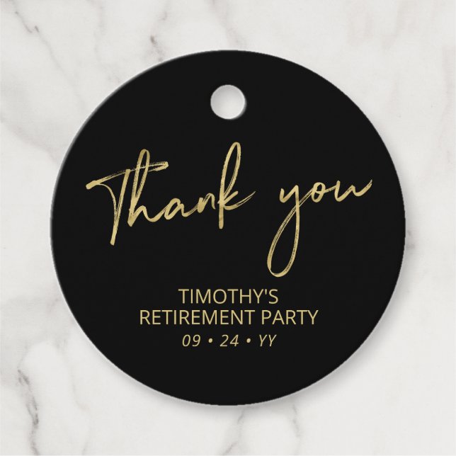 Étiquettes Cadeau Merci Gold & Black Retraite Party Favoriser (Devant)