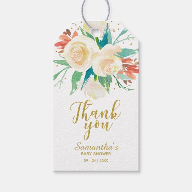 Étiquettes-cadeau Merci Gold Parties scintillant Calligraphie Floral (Devant)