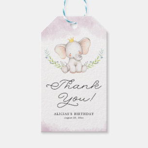 Étiquettes-cadeau Merci lilas d'anniversaire d'éléphant de bébé