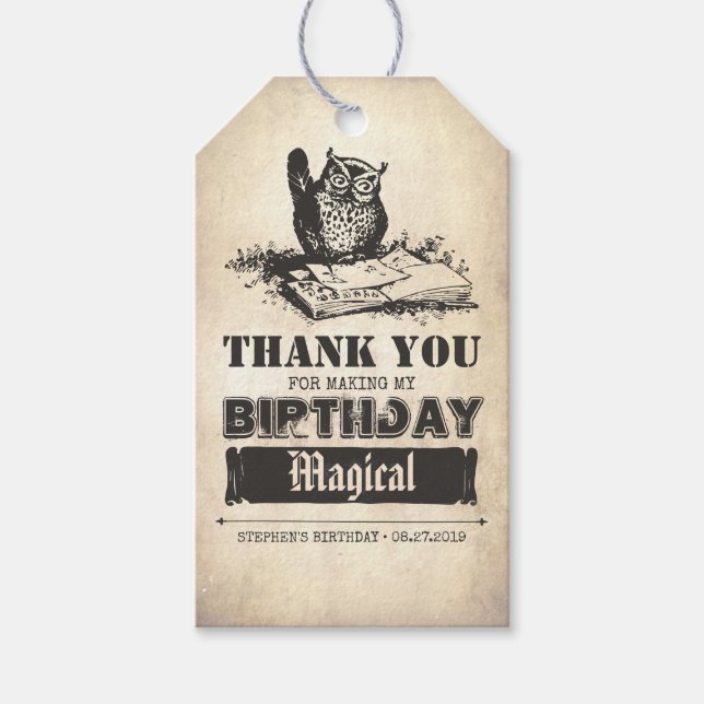 Étiquettes-cadeau Merci magique du hibou d'anniversaire (Devant)