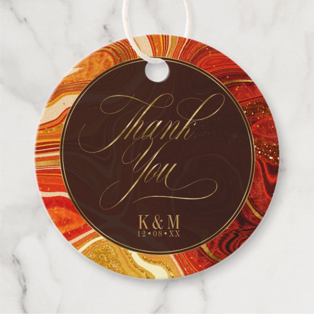 Étiquettes Cadeau Merci Mariage Agate Abstrait Hot Orange ID827 (Devant)