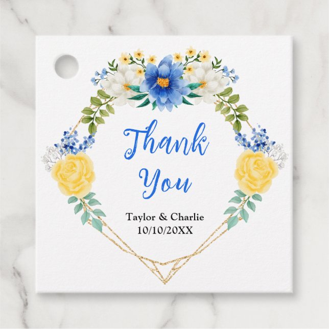 Étiquettes Cadeau Merci Mariage bleu et jaune (Devant)