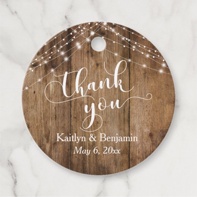 Étiquettes Cadeau Merci mariage Bois rustique & Chaînes lumineuses (Devant)