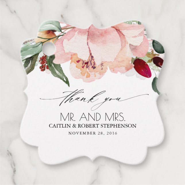 Étiquettes Cadeau Merci Mariage brun et bourgogne (Devant)