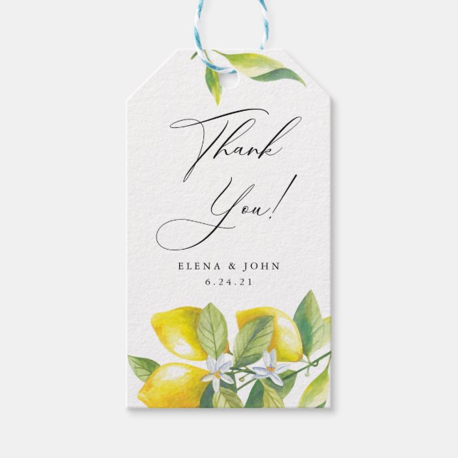 Étiquettes-cadeau Merci Mariage de fleurs de citron d'aquarelle (Devant)