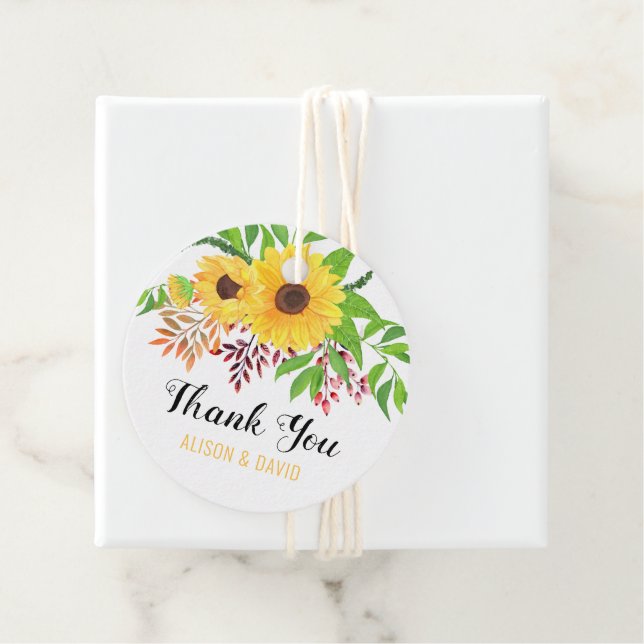 Étiquettes Cadeau Merci mariage de tournesol jaune (En situation)