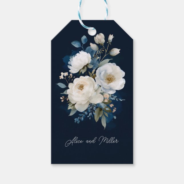 Étiquettes-cadeau Merci Mariage floral bleu et blanc (Devant)