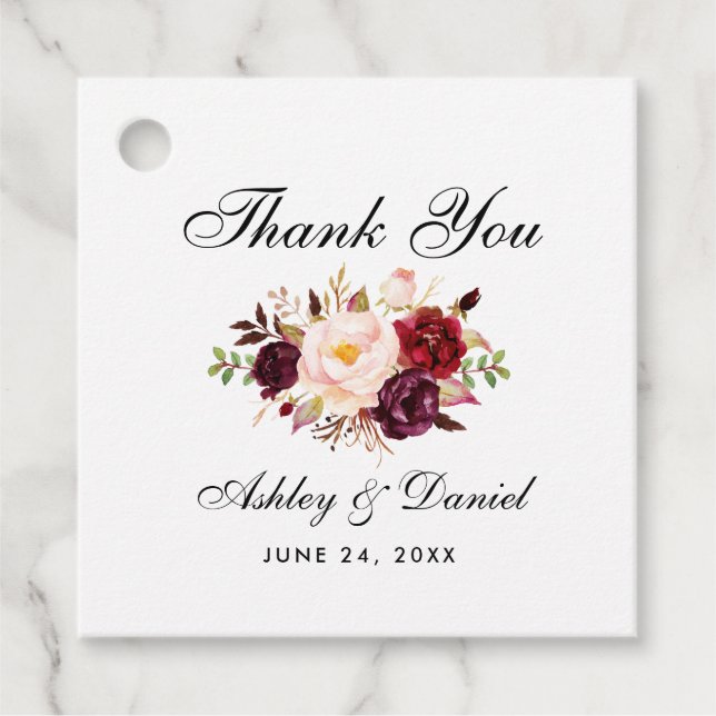 Étiquettes Cadeau Merci Mariage Floral Bourgogne (Devant)
