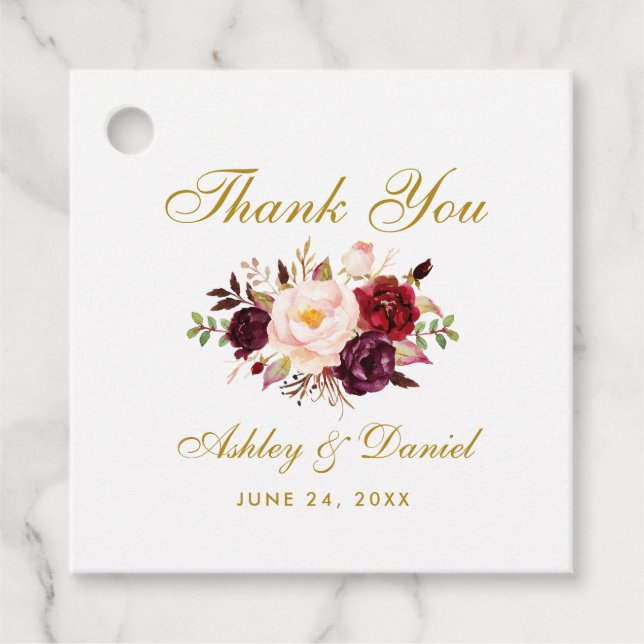 Étiquettes Cadeau Merci Mariage floral or de Bourgogne (Devant)