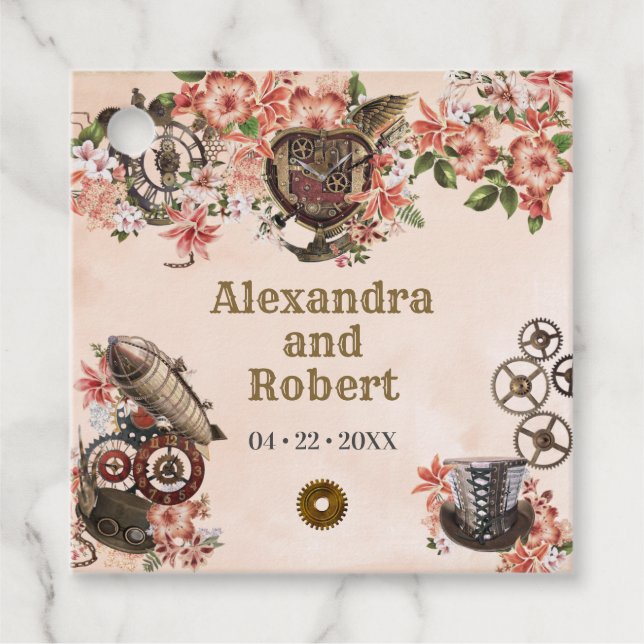 Étiquettes Cadeau Merci Mariage Floral Steampunk (Devant)