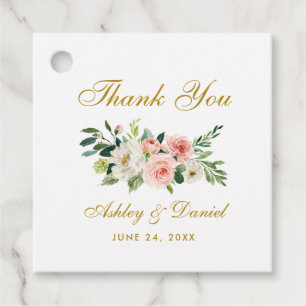 Étiquettes Cadeau Merci Mariage rose blanc Floral or