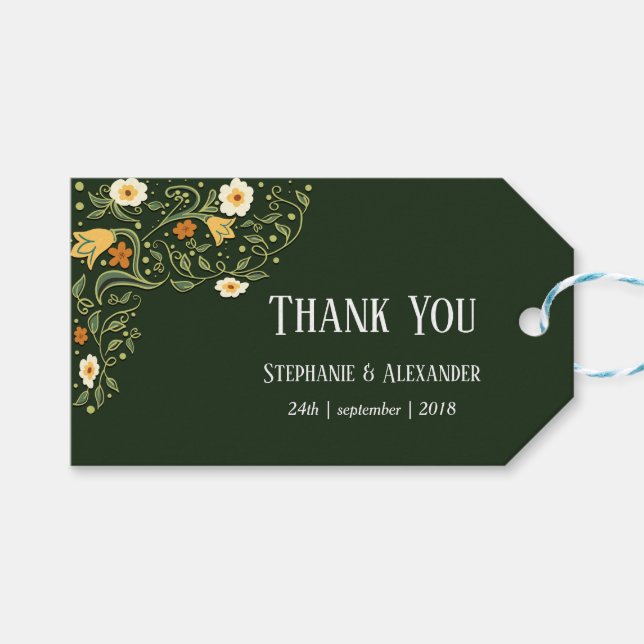 Étiquettes-cadeau Merci Mariage vert Floral (Devant (Horizontal))