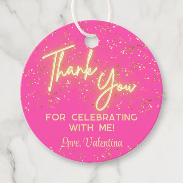 Étiquettes Cadeau Merci moderne Fille rose chaud Neon brillant Scrip (Devant)