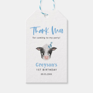 Étiquettes-cadeau Merci Moo Blue Cow fête d'anniversaire