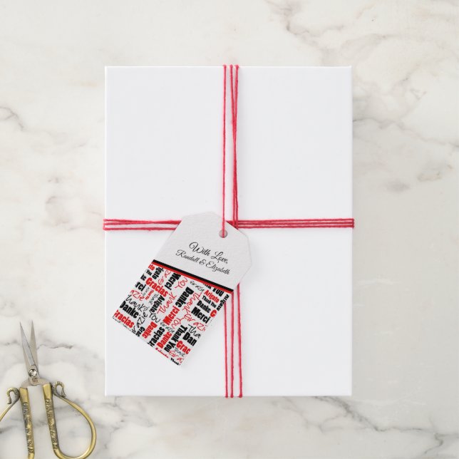 Étiquettes-cadeau Merci multilingue Typographie rouge noire (Avec de la ficelle)