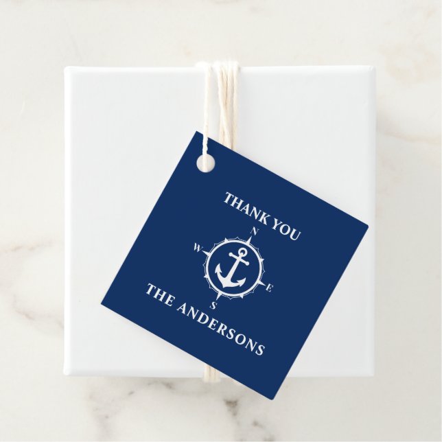 Étiquettes Cadeau Merci Nom de famille Ancre Compass Marine Bleu (En situation)