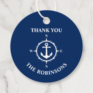 Étiquettes Cadeau Merci Nom de famille Compass Ancre Marine Bleu