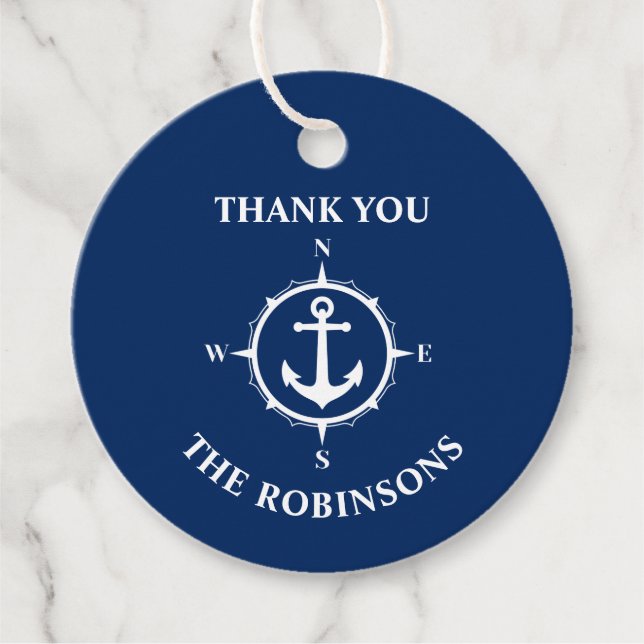 Étiquettes Cadeau Merci Nom de famille Compass Ancre Marine Bleu (Devant)
