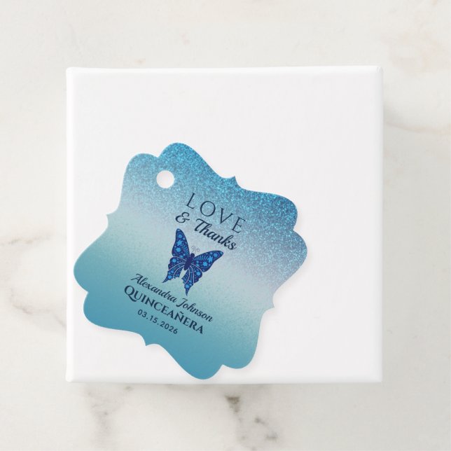 Étiquettes Cadeau Merci papillon bleu Quinceañera (En situation)