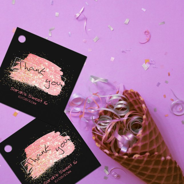 Étiquettes Cadeau Merci Parties scintillant moderne rose noir et or (Créateur téléchargé)