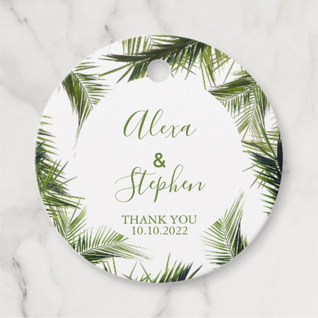Étiquettes Cadeau Merci personnalisé Palm Feuilles Mariage tropical (Devant)