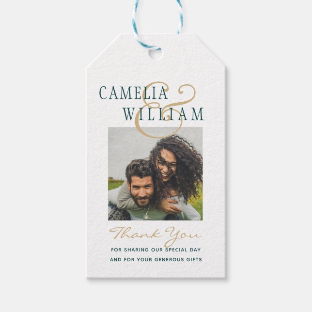Étiquettes-cadeau Merci PHOTO Mariage turquoise Vert Or (Devant)