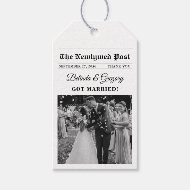 Étiquettes-cadeau Merci photo noir blanc du journal mariage (Devant)