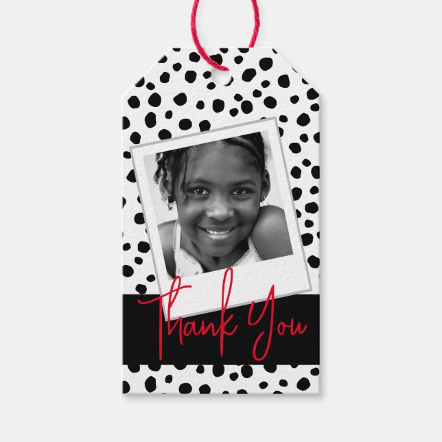 Étiquettes-cadeau Merci photo personnalisé Noir Blanc Zones Dalmatie (Devant)