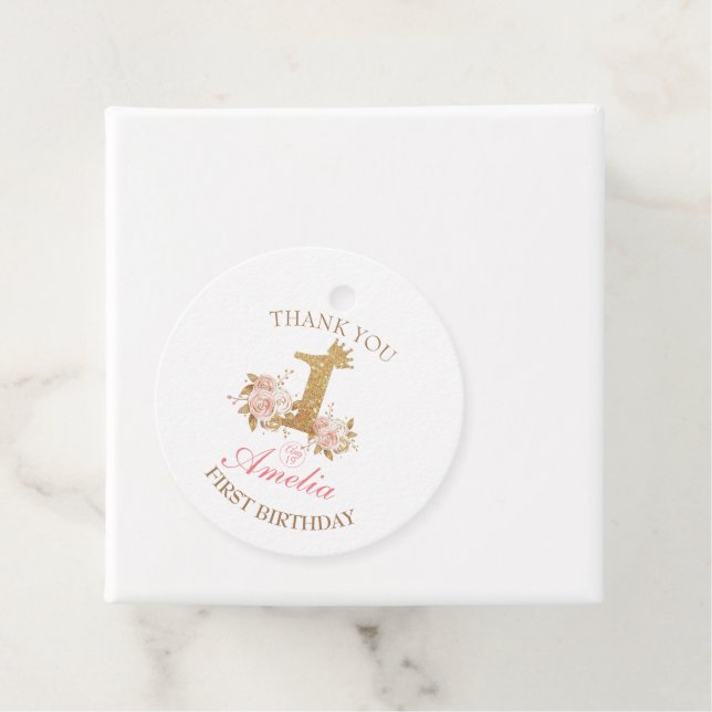Étiquettes Cadeau Merci Pink Gold Crown Princesse 1er anniversaire (En situation)