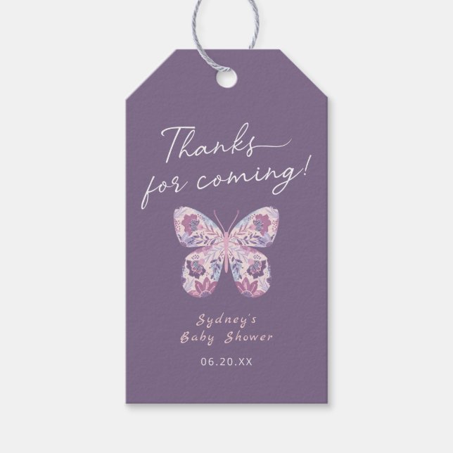 Étiquettes-cadeau Merci pour le Baby shower de papillon violet à ven (Devant)