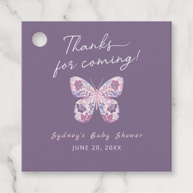 Étiquettes Cadeau Merci pour le Baby shower de papillon violet à ven (Devant)