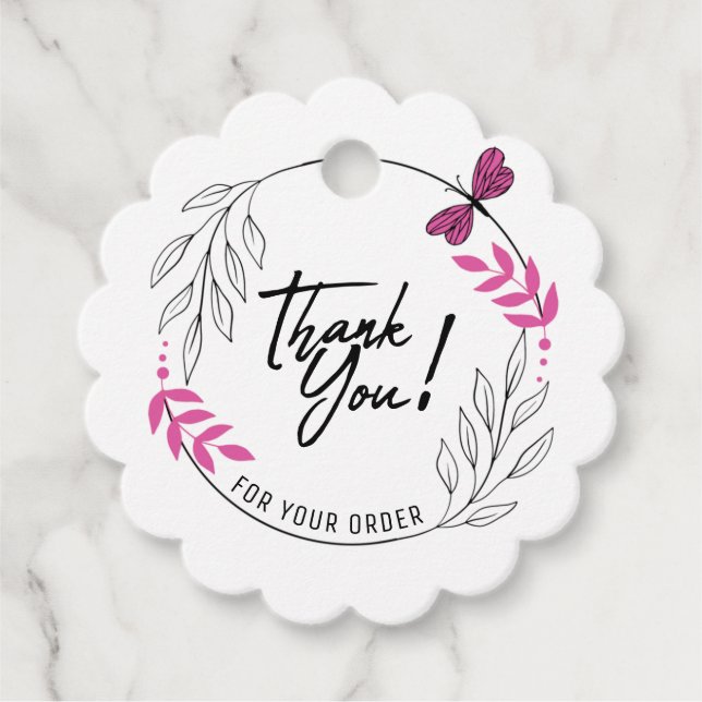 Étiquettes Cadeau Merci pour votre commande avec papillon rose (Devant)