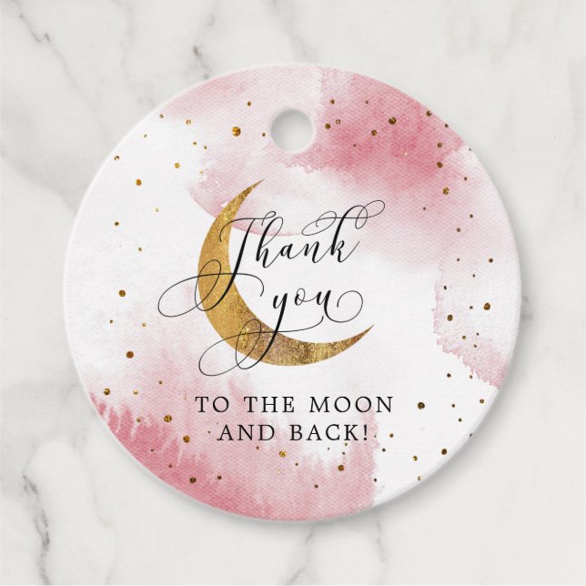 Étiquettes Cadeau Merci rose à la Lune et retour Anniversaire (Devant)