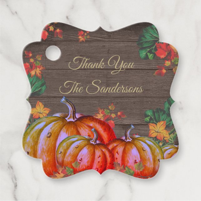 Étiquettes Cadeau Merci Rustique Orange Citrouille Automne Feuilles  (Devant)