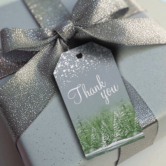 Étiquettes-cadeau Merci script green gray pine trees art (Créateur téléchargé)