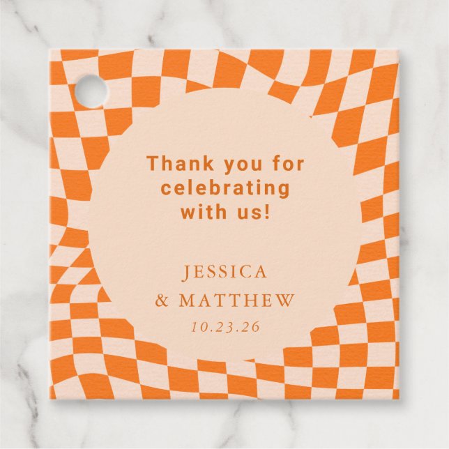 Étiquettes Cadeau Merci super Retro Orange Check Mariage personnalis (Devant)