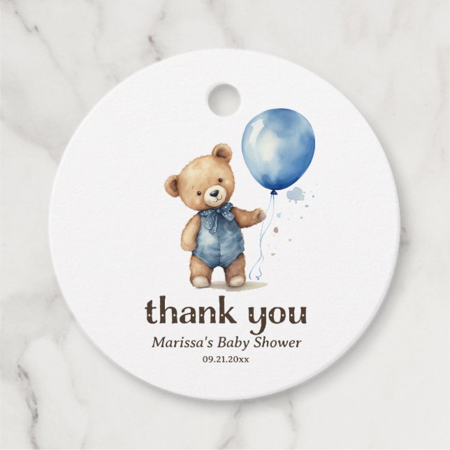 Étiquettes Cadeau Merci Teddy Bear Baby shower garçon (Devant)