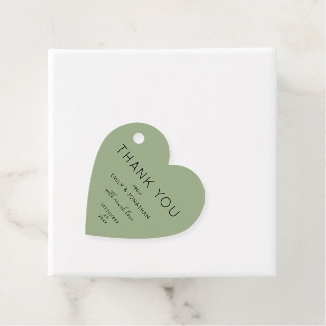 Étiquettes Cadeau Merci Texte Sage Vert Coeur de mariage personnalis (En situation)