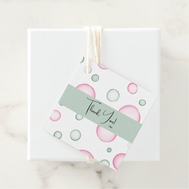 Étiquettes Cadeau Merci | Vivante bulles rose et vert (En situation)