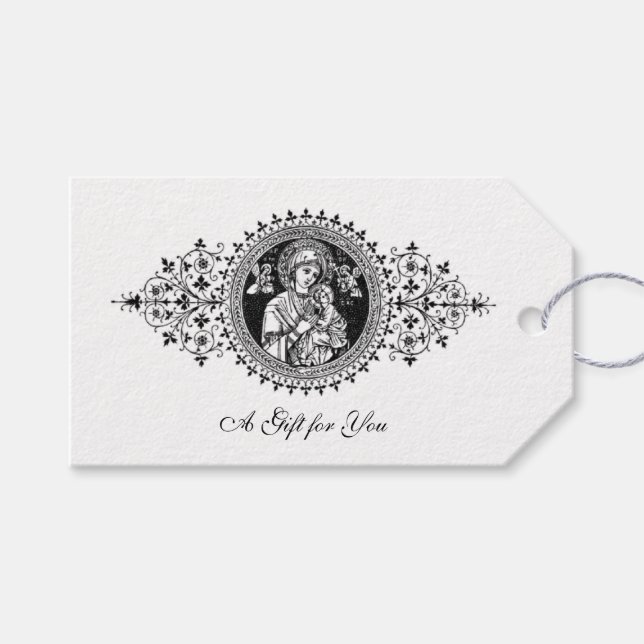 Étiquettes-cadeau Mère aide perpétuelle Noir et blanc élégant (Devant (Horizontal))