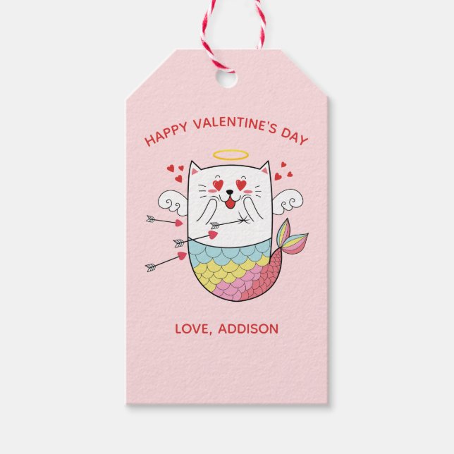 Étiquettes-cadeau Mermaid Chat Cute Valentine personnalisée (Devant)