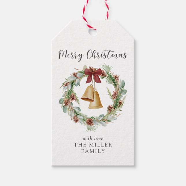 Étiquettes-cadeau Merry Christmas Folift Wreath avec Golden Bells (Devant)