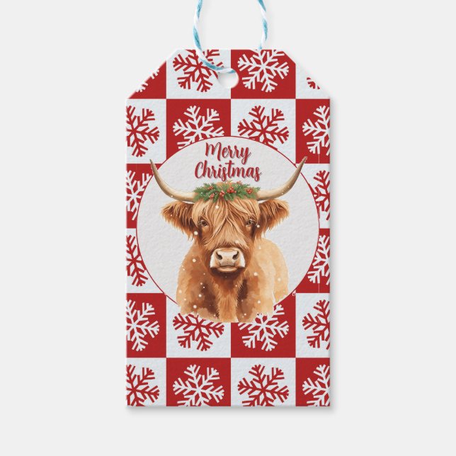 Étiquettes-cadeau Merry Christmas Greenery Highland Miniature Cow (Devant)