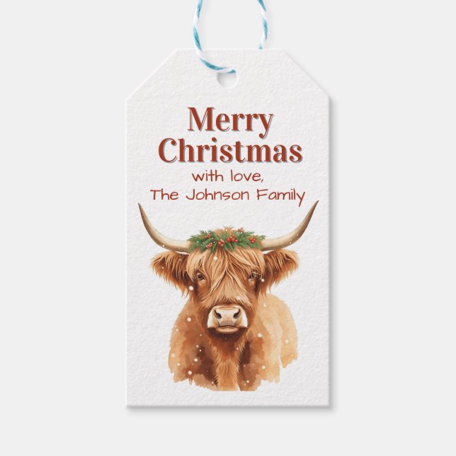 Étiquettes-cadeau Merry Christmas Greenery Highland Miniature Cow (Devant)
