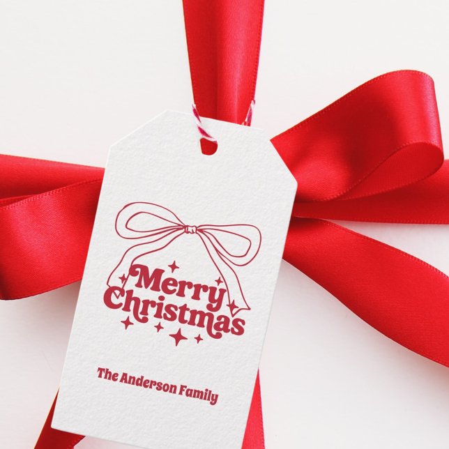 Étiquettes-cadeau Merry Christmas red hand-drawn bow retro (Créateur téléchargé)